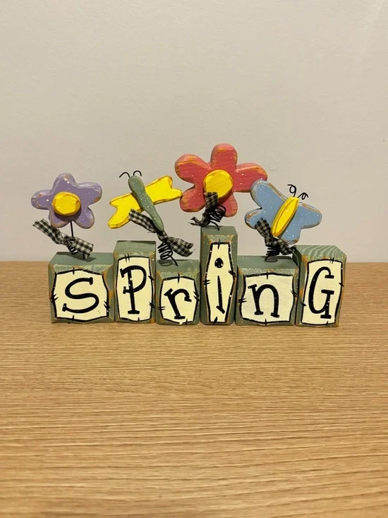 Wooden 'Spring' Block Sign with Colorful Flowers - Picture 2 of 5